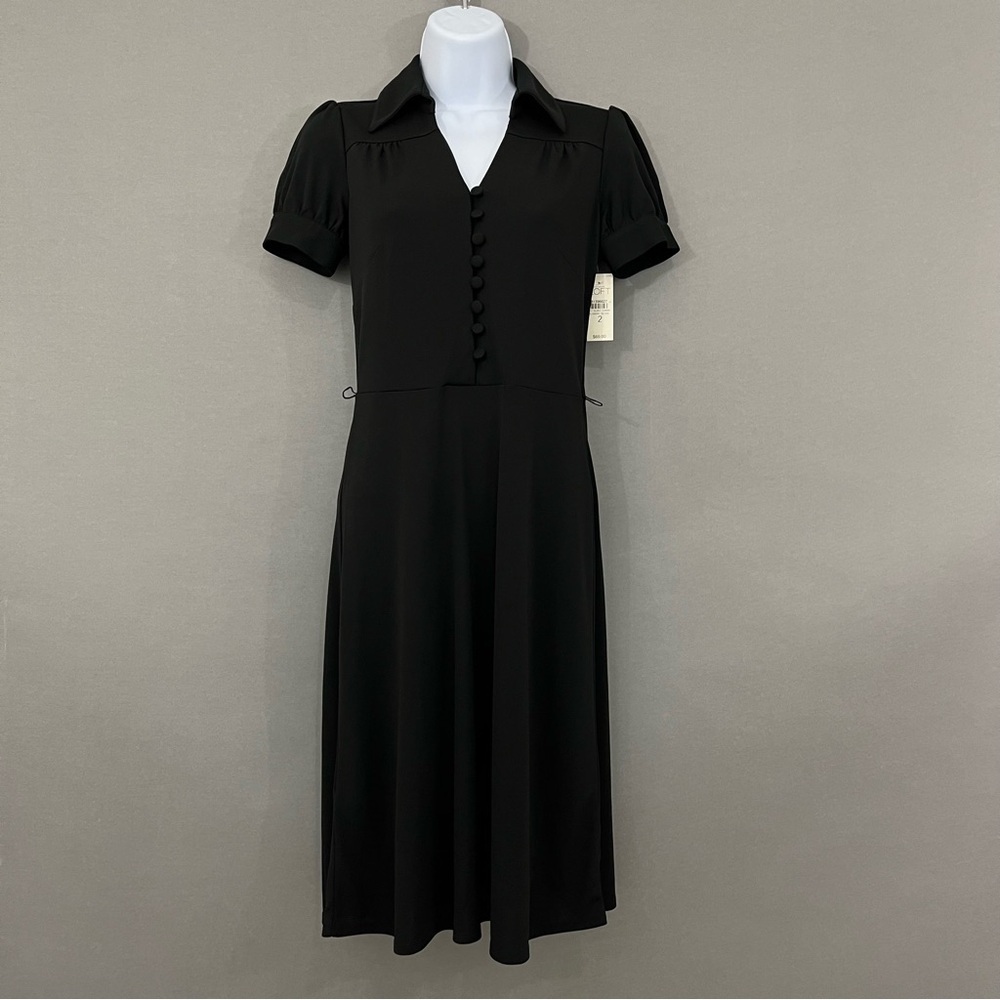 Ann Taylor Loft Black V Neck Button Short Sleeve A Line Dress